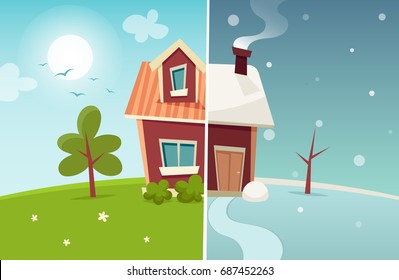 Small Cartoon House: Summer and Winter. Vector Illustration