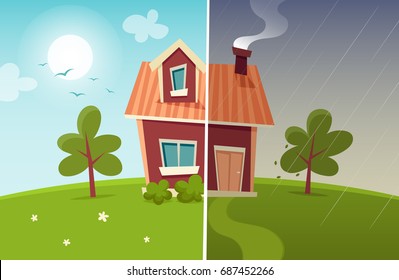 Small Cartoon House: Sunny And Rainy Weather. Vector Illustration