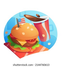 A small cartoon illustration of a hamburger with a coke on a red napkin. Ideal for designing websites, menus, business cards, banners, posters, covers and flyers.