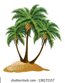 Small cartoon island and three palm trees over white background.