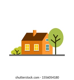 Small cartoon orange house with trees. Isolated vector illustration. Cute bright children illustration.