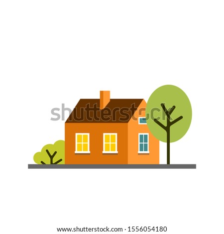 Small cartoon orange house with trees. Isolated vector illustration. Cute bright children illustration.