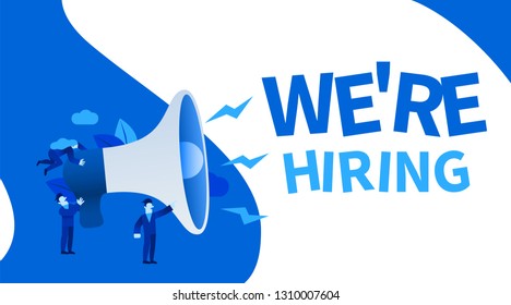 Small Cartoon People With Megaphone Banner. We Are Hiring. Employer Concept. Vector Illustration