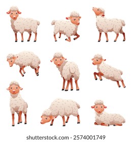 Small cartoon sheep icon set. Lambs flat vector illustration. Funny baby sheep with curly wool. Farm animal art isolated on white background