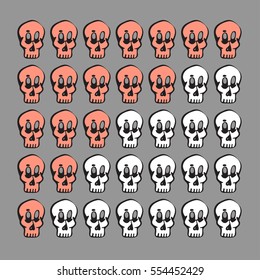 Small cartoon skulls in the form of a graph or scale with filled red half. Vector illustration