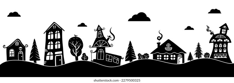 La silueta de un pequeño pueblo de caricatura corta nubes con casas arboladas en blanco y negro. Ilustración vectorial con silueta de ciudad de hadas.