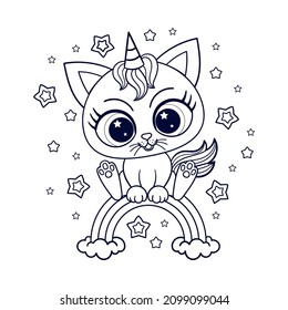 A small, cartoon unicorn kitten sits on a rainbow. Black and white, linear contour drawing. For children's design of coloring books, postcards, prints, posters, etc. Vector