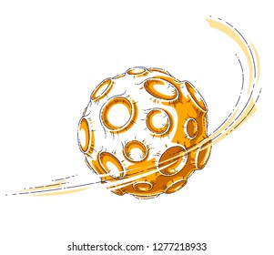 Small cartoon vector fantastic planet with craters from asteroid and meteorite rains fall. Thin line 3d vector illustration isolated on white background.