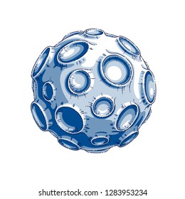 Small cartoon vector fantastic planet with craters from asteroid and meteorite rains fall. Thin line 3d vector illustration isolated on white background.
