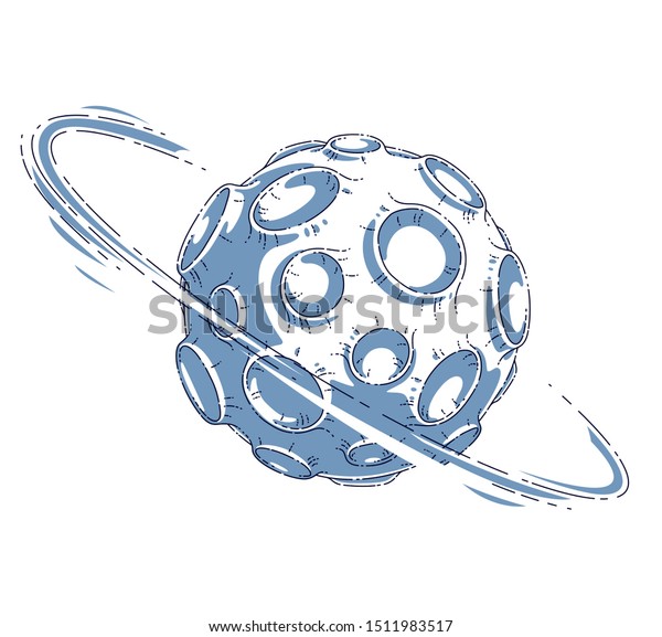 Small cartoon vector fantastic planet\
with craters from asteroid and meteorite rains fall. Thin line 3d\
vector illustration isolated on white\
background.