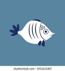 Small Cartoon White Blue Fish in Simple Scandinavian Style