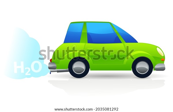 Small cartoon-type green hydrogen car with a cloud\
of water vapor