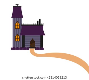 Small castle, house with a tower and a road. Victorian style, flat design vector illustration. Purple color. Isolated halloween object.