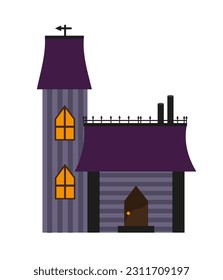 Small castle, house with a tower. Victorian style, light in windows. Flat design vector illustration. Purple color.