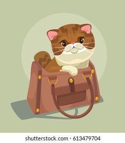 Small cat character sitting in lady bag. Vector flat cartoon illustration