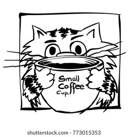Small cat with huge coffee cup. Nice kitty and big eyes. Coffee shop logo. hand drawn animal cartoon character. Bar, food and drink. Cafe, restaurant print