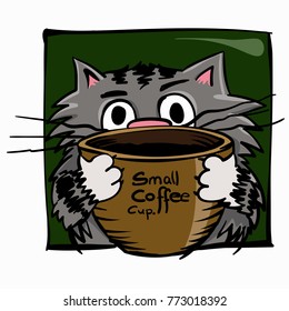 Small cat with huge coffee cup. Nice kitty and big eyes. Coffee shop logo. hand drawn animal cartoon character. Bar, food and drink. Cafe, restaurant print