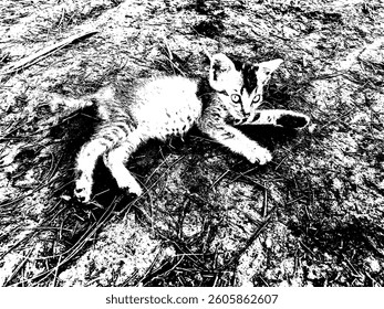 a small cat lying on the ground 