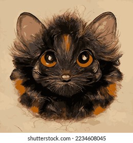 Small cat tortoise shell with big round eyes and tufts of hair in ears