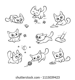 Small cats different emotions and situations. Kitty play with ball walking in nature hunting for mouse and run away from broom. Vector humor black white outline set embossed cartoon illustrations.