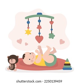 Small caucasian child plays with toys. Infant playing with mobile crib. Carousel toy. Hanging rattles crib mobile toy. Baby music bed bell toys. Happy newborn child. Flat vector illustration