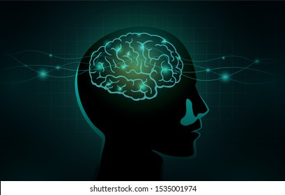 Small cells and wave line move into the Human brain. Concept Illustration about work of nervous system and brain networks.