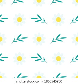 Small chamomile with leaves. Seamless patterns on a white background. Romantic designs from daisies for bedding, clothes and packaging, covers or cases. Flat style. Vector