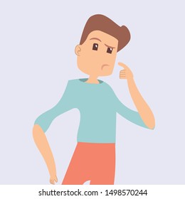 Small character asking questions around a huge question mark.
Cartoon thinking man with question mark in think bubble vector illustration. 
