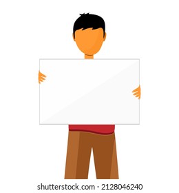 A small character is holding a large empty square-shaped paper note in his hands. Can be used to write your words or messages. Hand drawing isolated on white background.