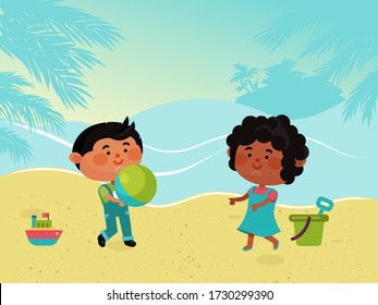 Small Character Kid Play Sand Beach, Children Woman Man Carry Ball Flat Vector Illustration. Female Male Child Playground Area With Boat, Small Bucket Spatula. Tropical Seaside Ocean, Sea.