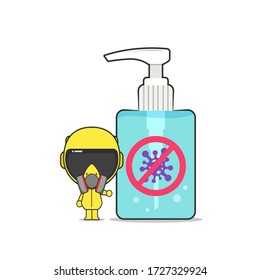 Small character using hazmat suit standing next to hand sanitizer bottle