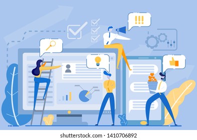 small characters and digital marketing, girls and men study online market, vector illustration with flat color characters