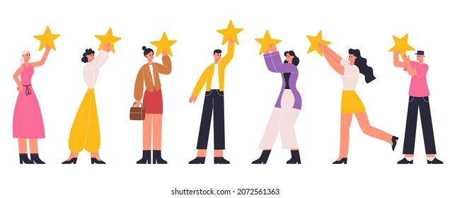 Personajes pequeños con grandes estrellas de clasificación de oro. La gente tiene estrellas, calificación positiva, comentarios de los clientes o buena metáfora de revisión de ilustración plana vectorial. Clasificación por estrellas de concepto de voto positivo para revisión