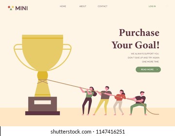 Small characters who work together to achieve the goal towards the trophy. web template style. flat design style vector graphic illustration set