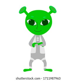 A small charming green alien in a space suit stands clasped hands and smiles. Vector stock illustration in cartoon childish style isolated on white background.