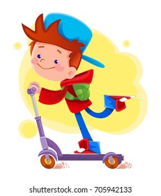 A small cheerful boy is riding a kick scooter with a backpack to school. A cartoon vector character. Funny isolated vector illustration.