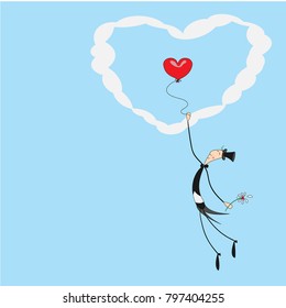 A small cheerful gentleman ascends to the sky to clouds on a hot air balloon in the form of a heart. Vector greeting card for valentine's day.