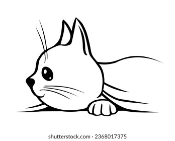 A small cheerful kitten hid under the blanket. The pet is playing. Vector hand drawn illustration. Black and white sketch outline