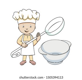 
A small, cheerful little cook. A little cook with a large soup ladle in his hands stands next to a soup plate. Vector illustration.