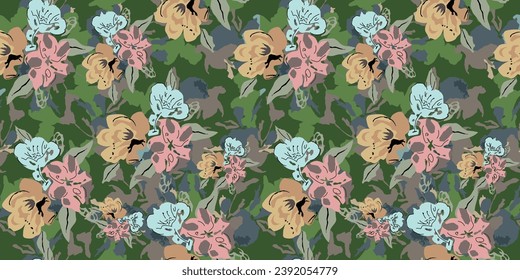 Small cherry blossom with daisy flowers seamless motif pattern illustration. Fabric motif texture repeated. Floral element with leaves.