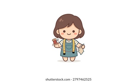 A small chibi style girl with brown hair wearing a denim apron and a measuring tape around her neck holding a spool of red thread and a piece of fabric