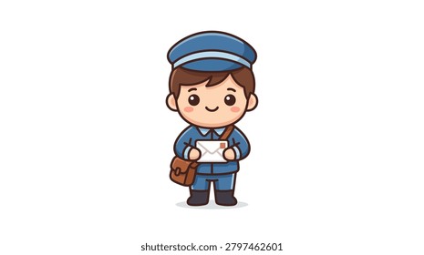 A small chibi style mail carrier smiling while holding a letter with a brown satchel bag across his shoulder