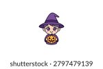 A small chibi style witch character wearing a purple hat and cloak while holding a smiling carved pumpkin
