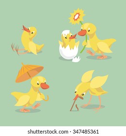 Small chick hatched from eggs. Little chicken sitting on the ground. Yellow duckling comes with an umbrella. Duck congratulates chicken with happy birthday. Vector illustration.
