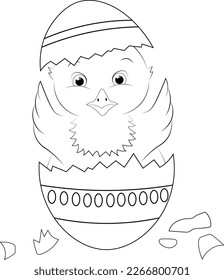 Small chick hatches from an egg. Children's coloring