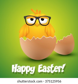 Small chick with hipster glasses hatching from an egg, ester greeting card. Vector illustration.