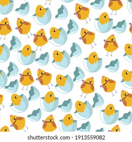 Pollo pequeño sentado en la cáscara de huevo, criatura recién nacida patrón sin costura. Pájaro con cinta en el cuello. Aves de corral domésticas, polluelos de la granja. Agricultura y agricultura. Vector de caracteres recortados en estilo plano