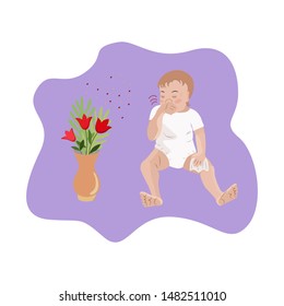 A small child is allergic. The baby sneezes and rubs his nose with his hand after contact with pollen. A boy sits on the floor with a handkerchief. Vector medicine and health design for poster, banner