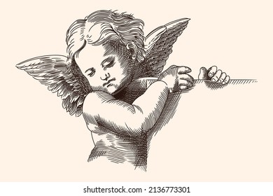 A small child angel with wings holds a nameplate in his hands. Medieval engraving isolated on a beige background.