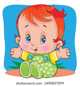 a small child with arms wide open with red hair and blue eyes. child sitting on the grass on a blue background in green pants